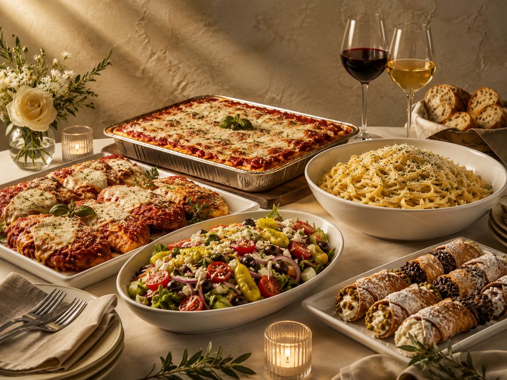 Catering trays of lasagna, pasta and cannoli