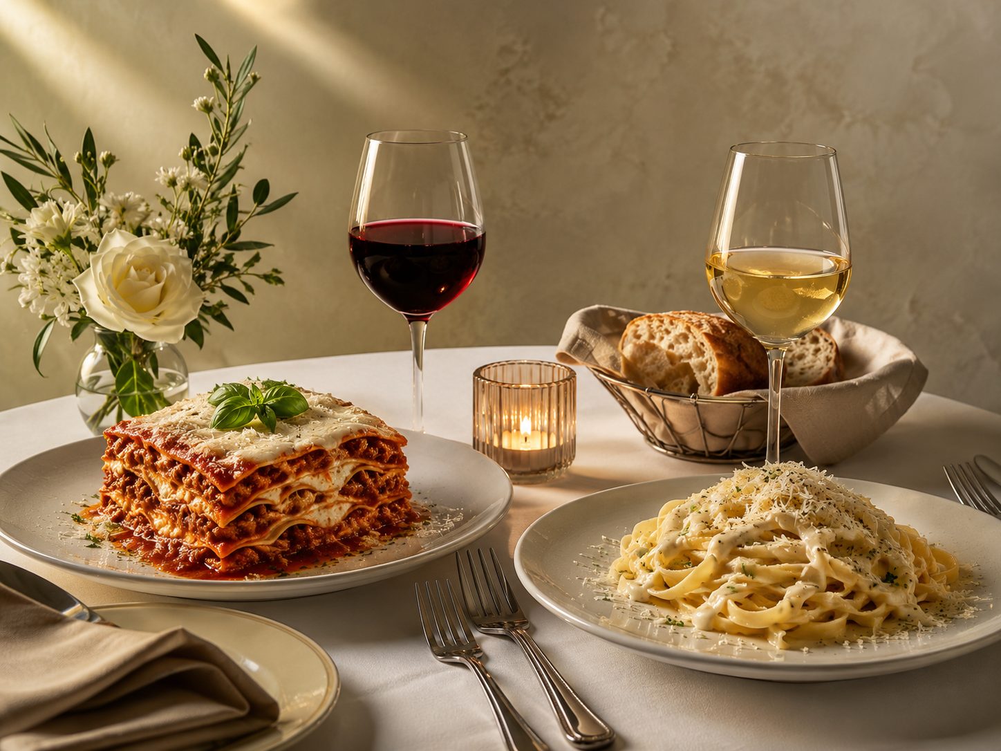 A table set with lasagna, pasta and wine at Casa D'Italia
