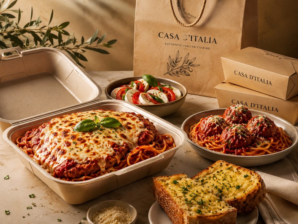 Casa D'Italia takeout packaging with lasagna and meatballs